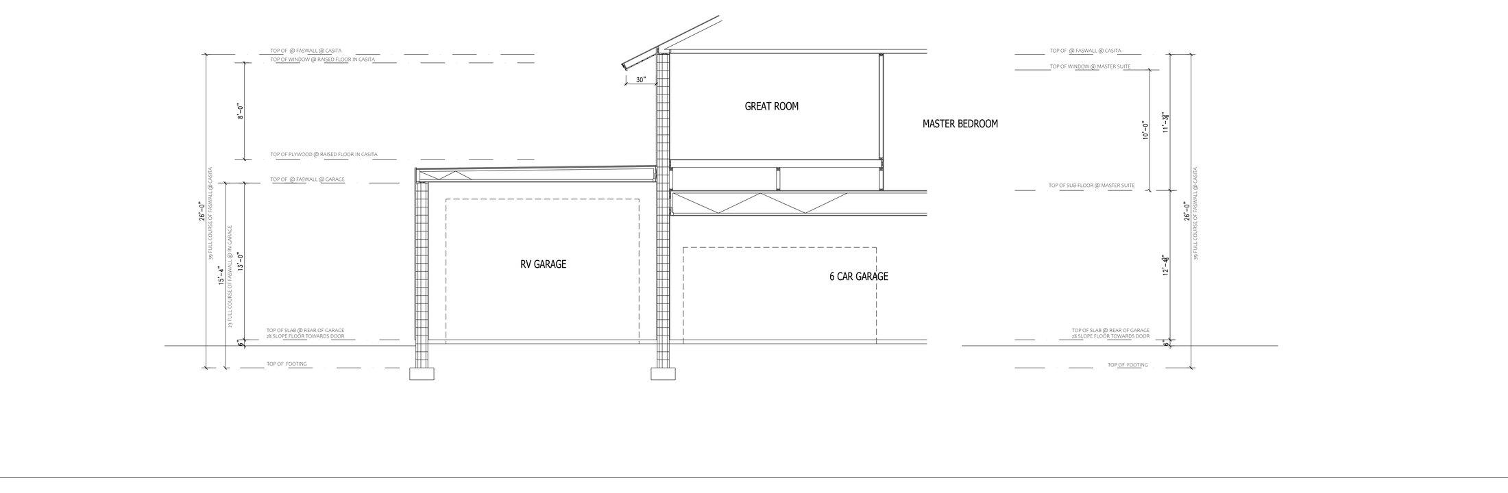 Partial cross-section: the ADU sitting over the RV bay and six-car garage