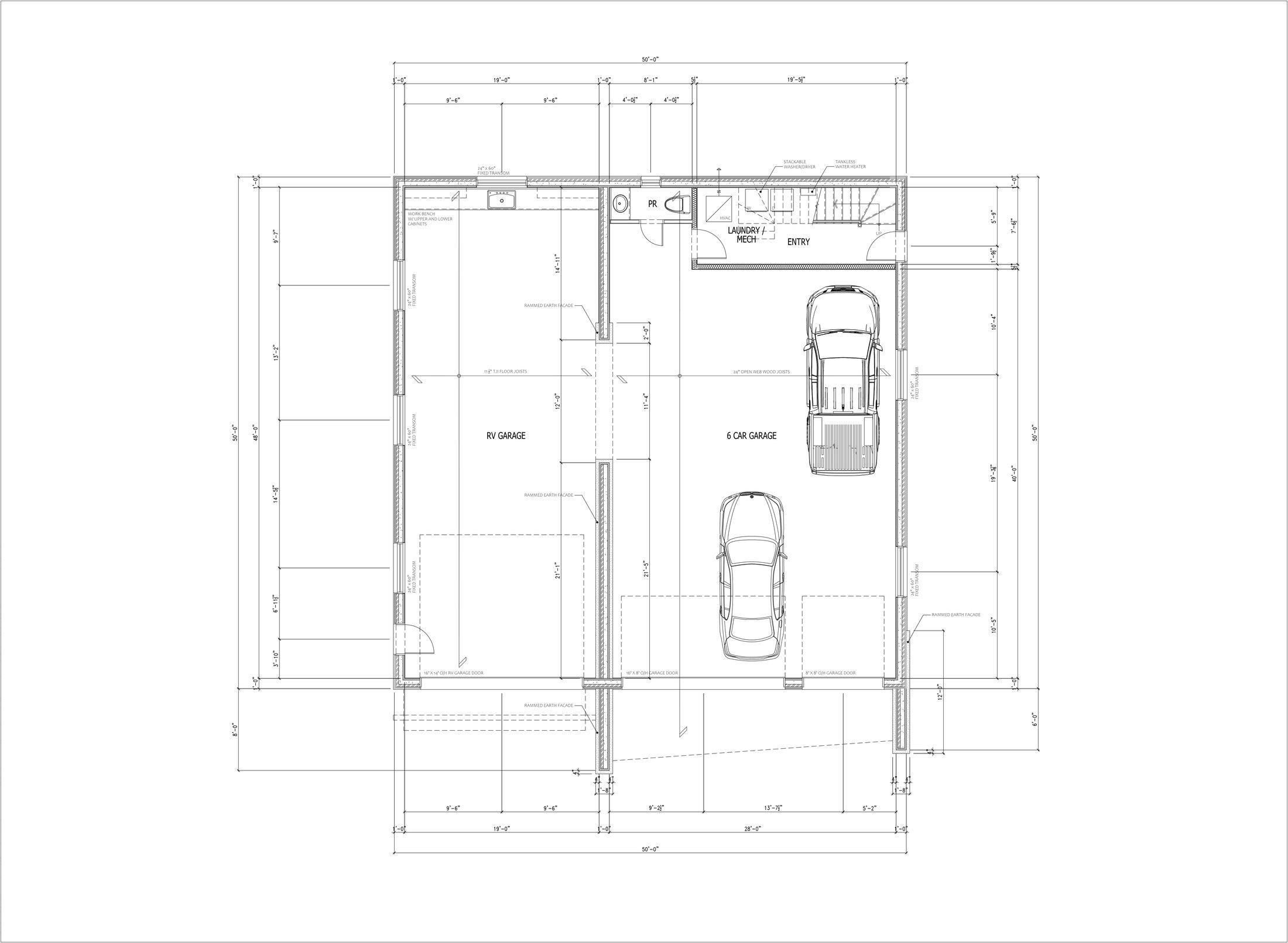 Workshop and garage floor plan with RV bay and six-car garage