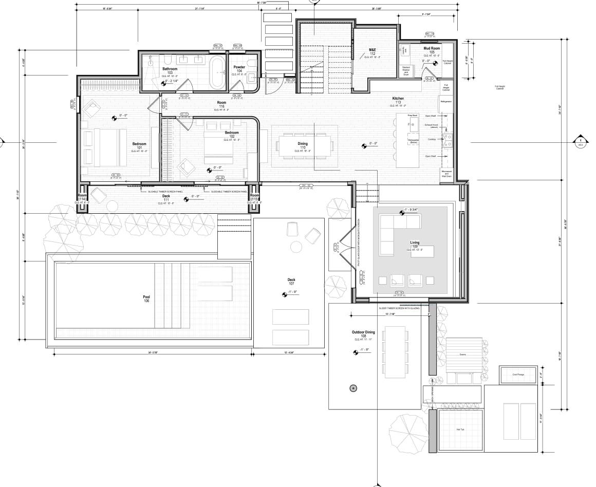 Main-level floor plan of the rammed earth home with pool and outdoor living areas