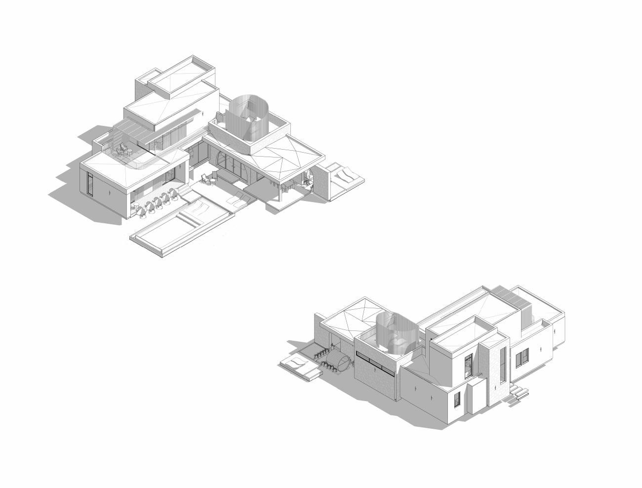 Isometric elevation drawings showing two views of the rammed earth home massing