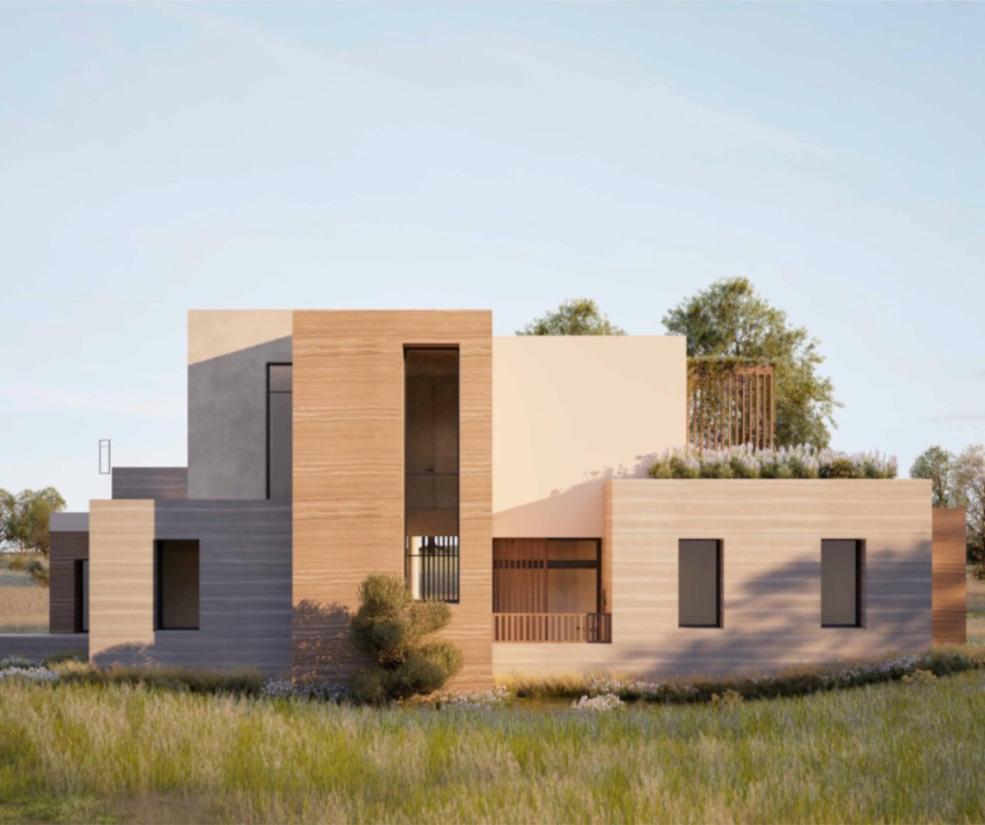 Texas rammed earth home, modern exterior rendering