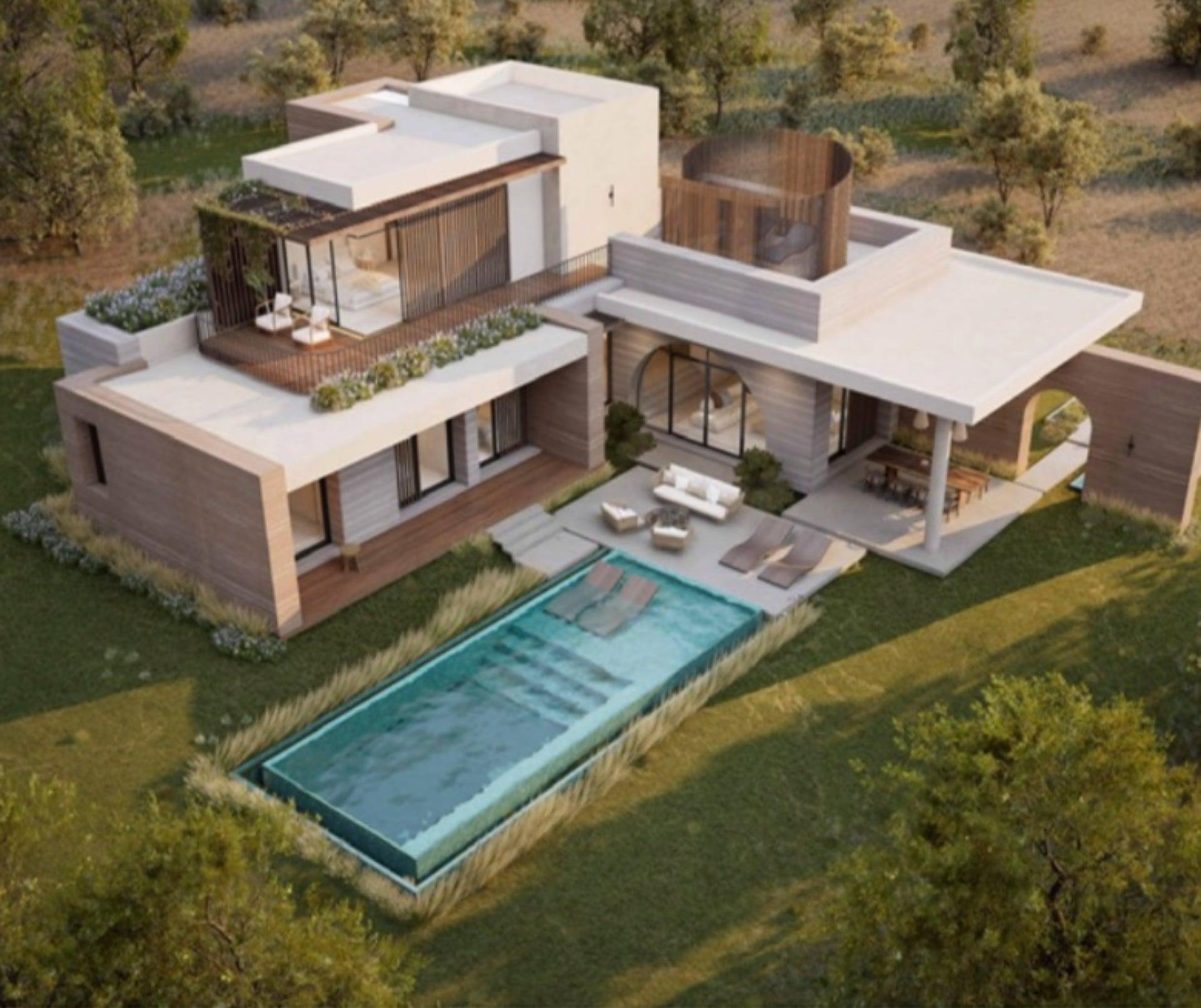 Aerial rendering showing rammed earth home, pool deck, and circular tower