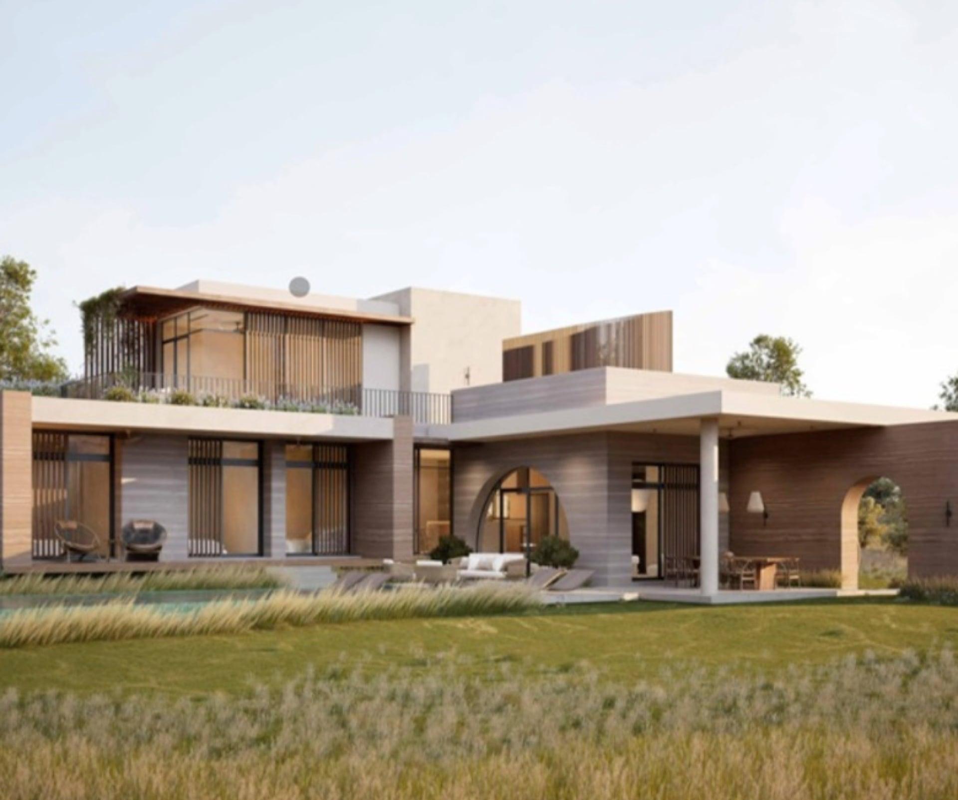 Rear elevation with covered patios, vertical screens, and arched openings