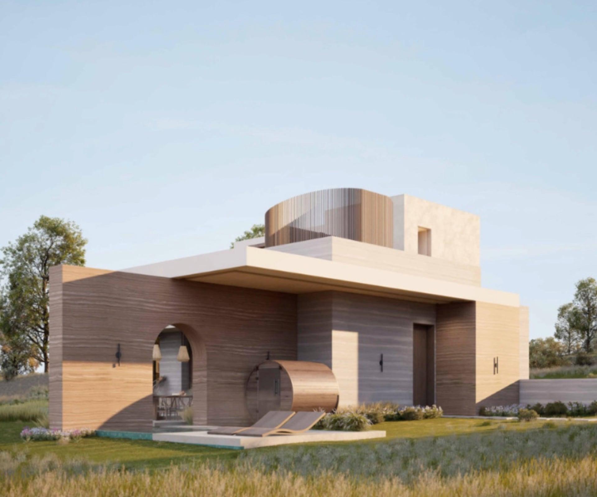 Front of home with circular wood-clad sauna and entry