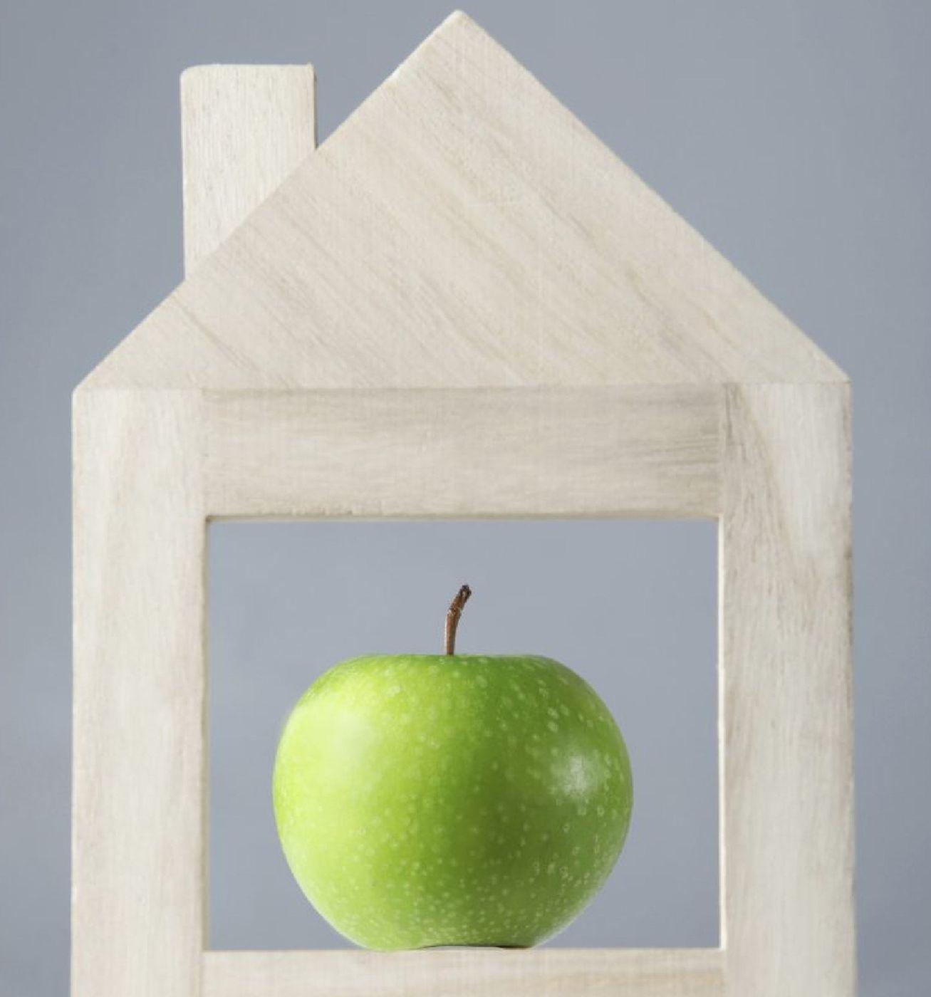 A green apple inside a small wooden house frame
