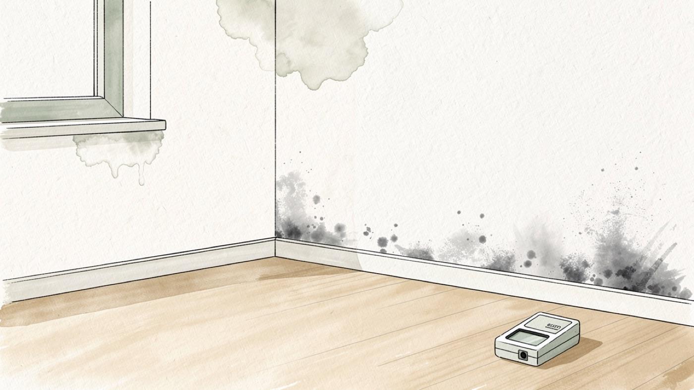 Early signs of hidden mold: dark spotting above a baseboard, a ceiling water stain and a moisture meter on the floor