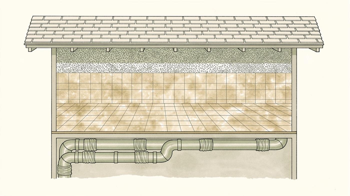 Cutaway of an older home showing asbestos-era materials in pipe insulation, floor tile, ceiling texture and roofing