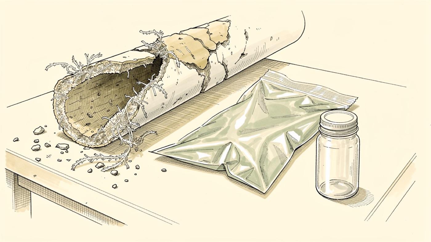 Crumbling friable pipe insulation with loose fibers beside a sealed sample bag and a small labeled jar