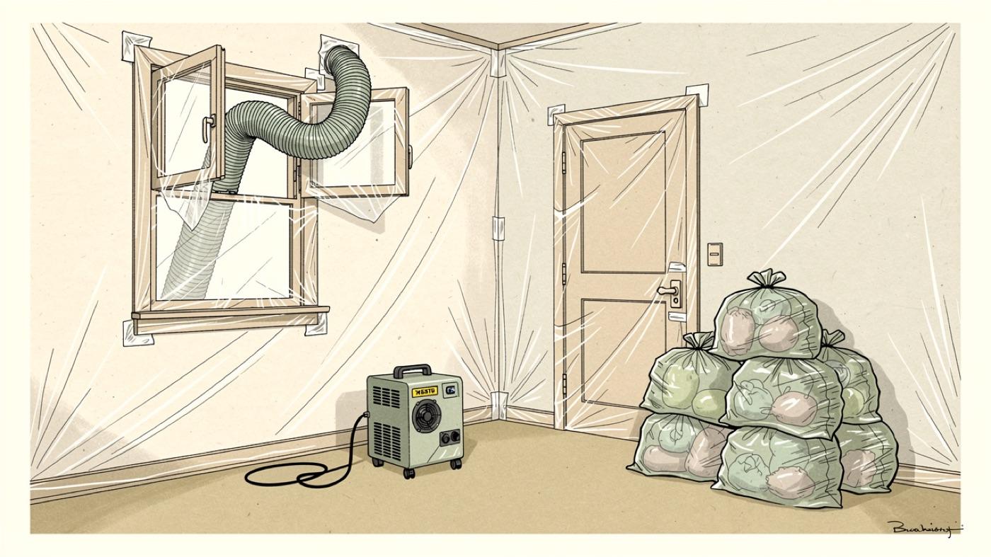 Sealed containment room with plastic sheeting, negative air machine and labeled disposal bags