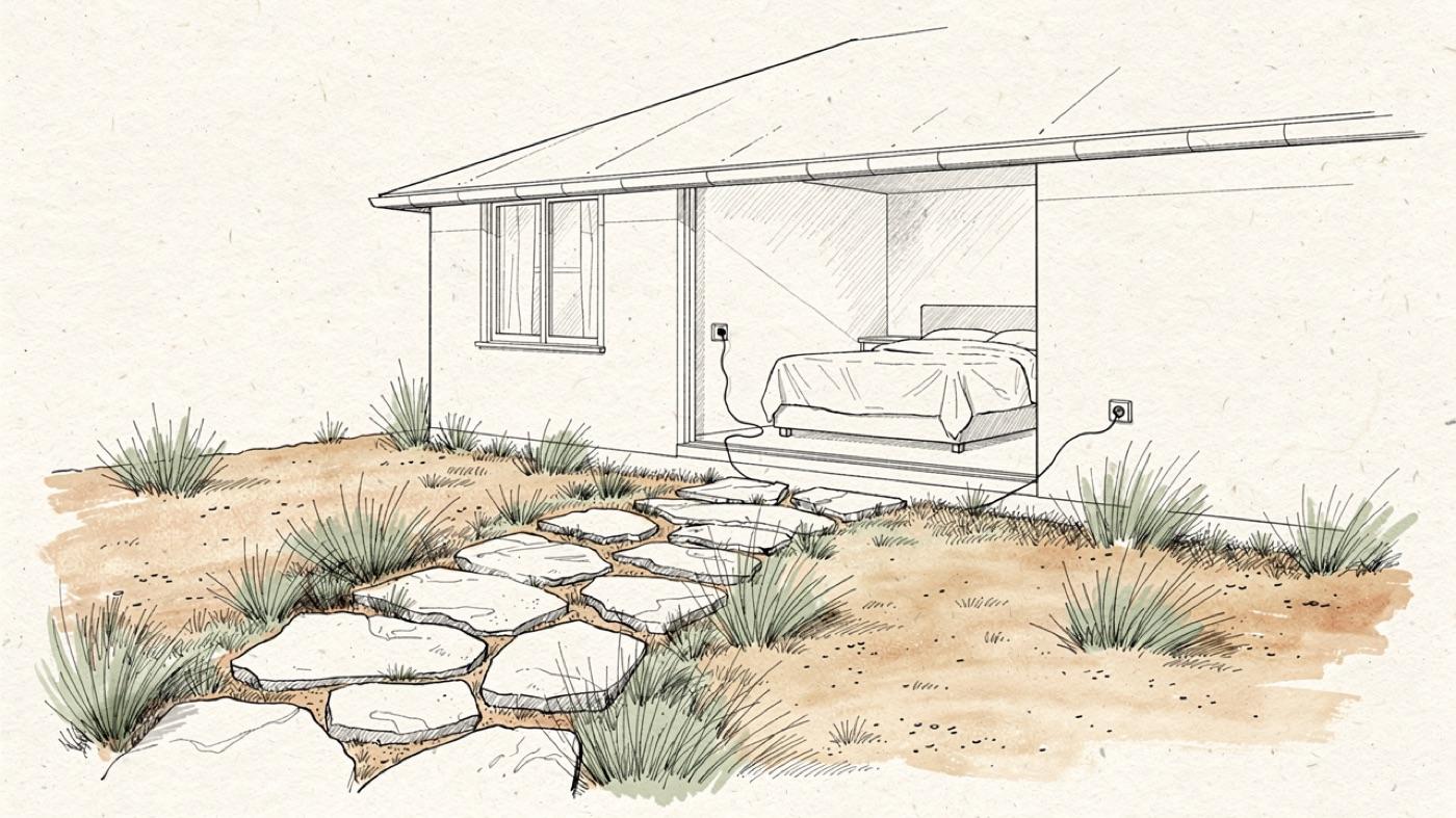 Bare earth, grass and a stone path leading to a house with a grounding sheet on the bed visible through the window