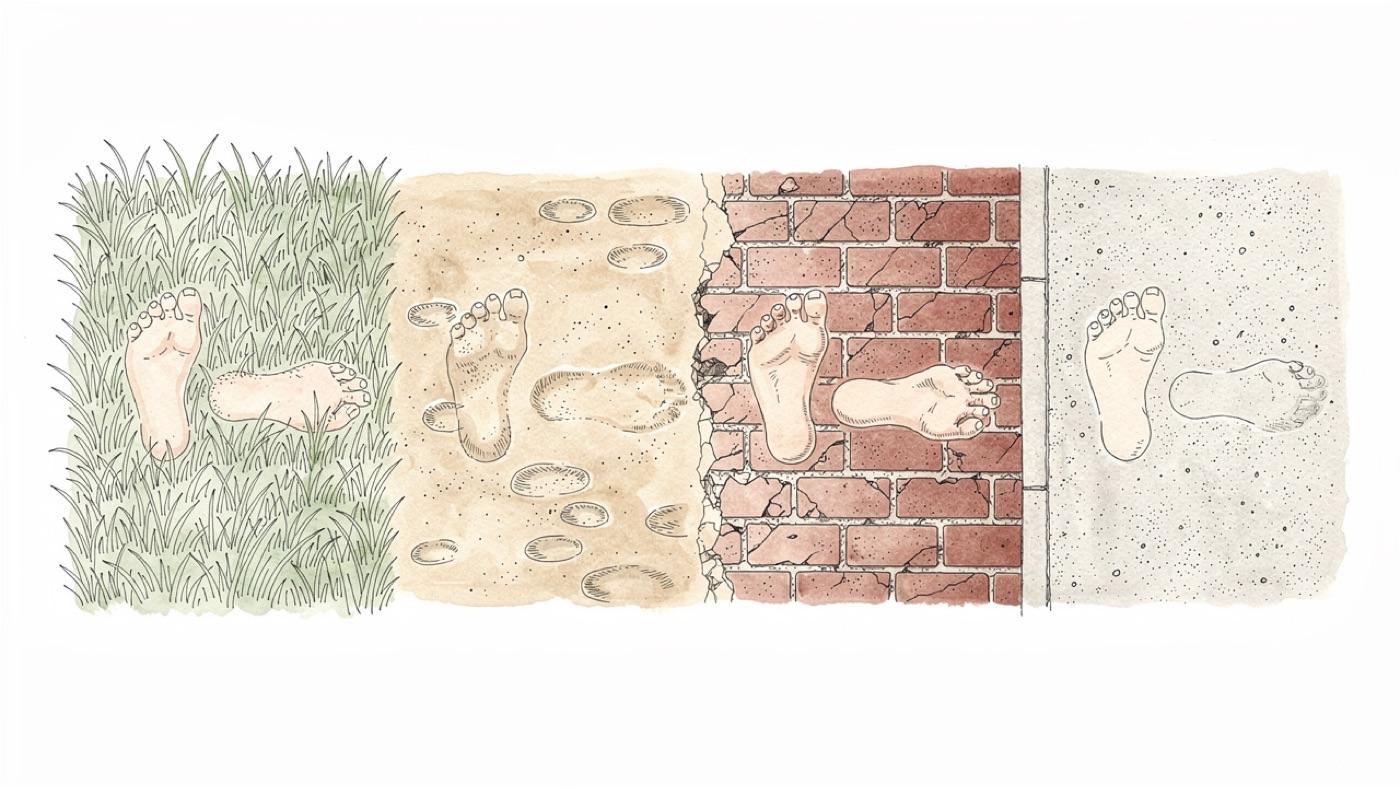 Bare footprints across grass, damp sand, unsealed brick and a concrete sidewalk