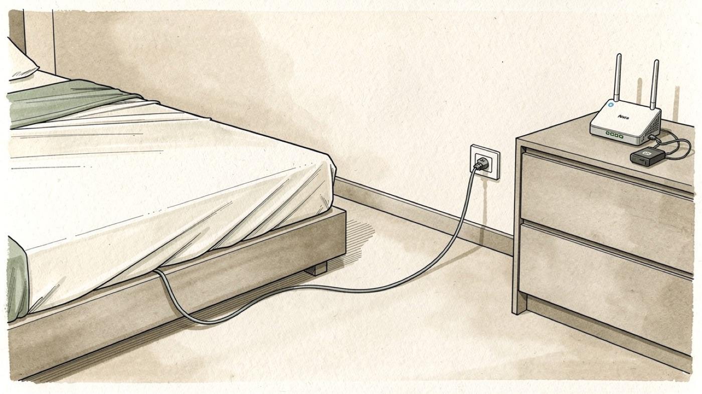 Bedroom with a grounding sheet whose cord runs to the ground pin of a wall outlet, router and phone charger shown across the room
