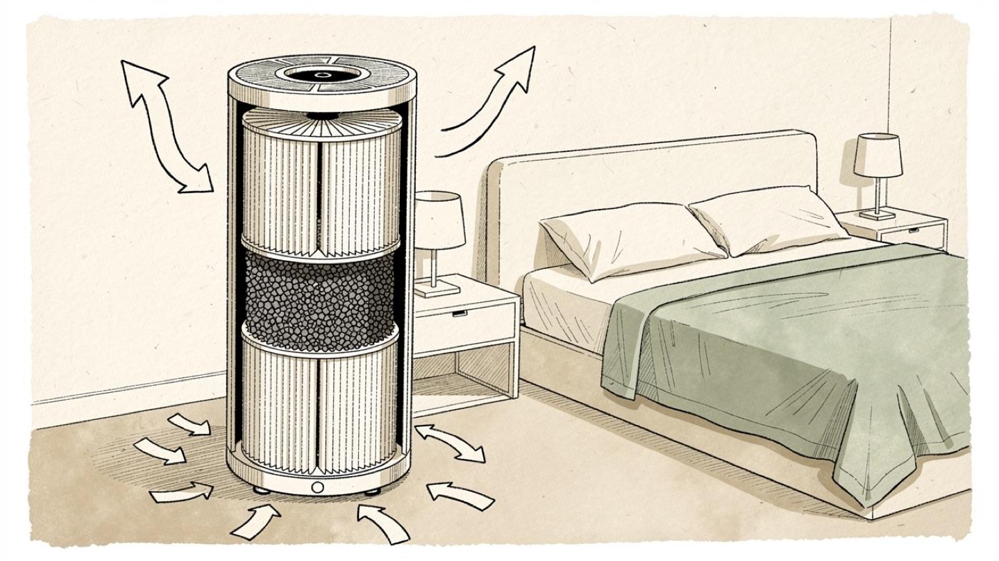 Cutaway of a tower air purifier in a bedroom showing the pre-filter, HEPA pleats and carbon bed with airflow arrows