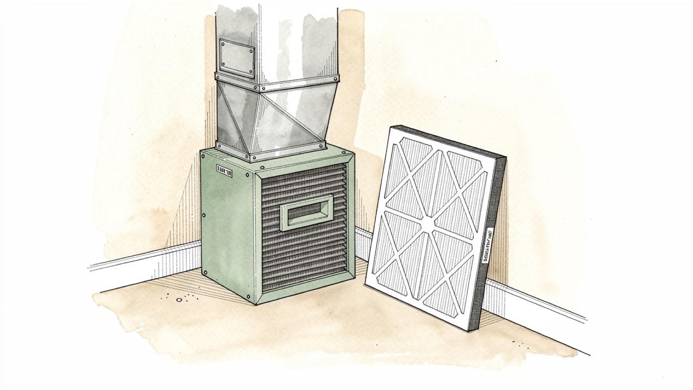 Furnace return grille opened to show a deep pleated media filter cabinet next to a thin one-inch filter