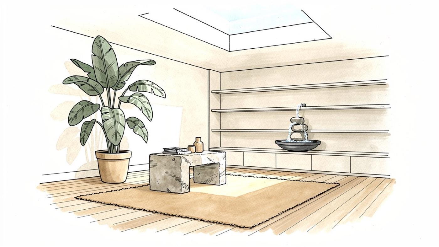 Bright living room with a fiddle-leaf plant, a stone side table, a wool rug and a skylight pouring daylight onto a wood floor