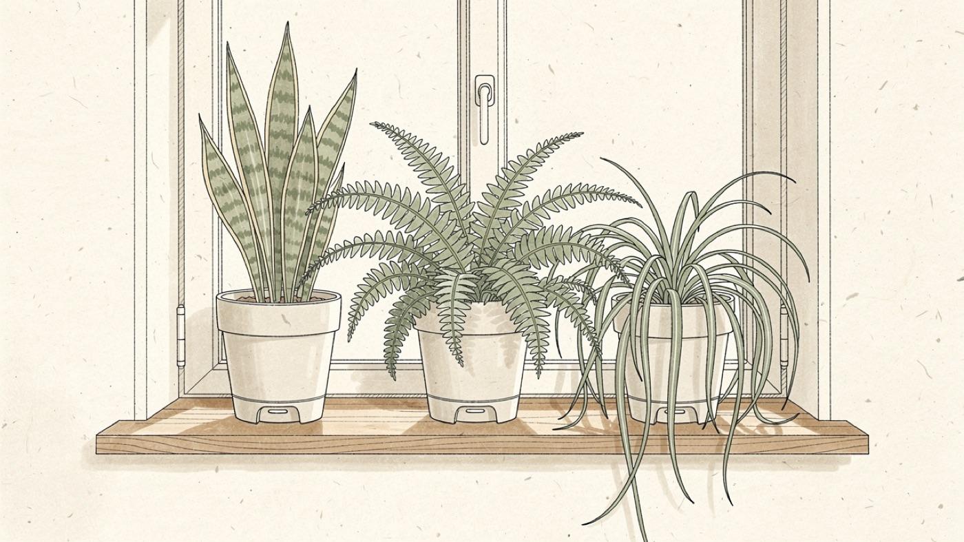 Three potted plants on a wood windowsill, a snake plant, a spider plant and a Boston fern, in self-watering pots