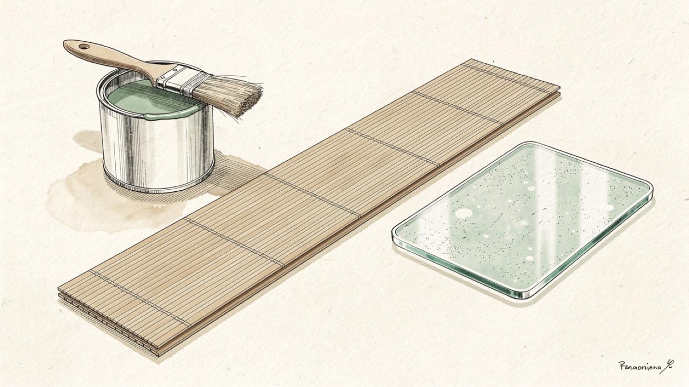 Bamboo flooring sample, recycled glass countertop chip and an open can of low-VOC paint on a workbench