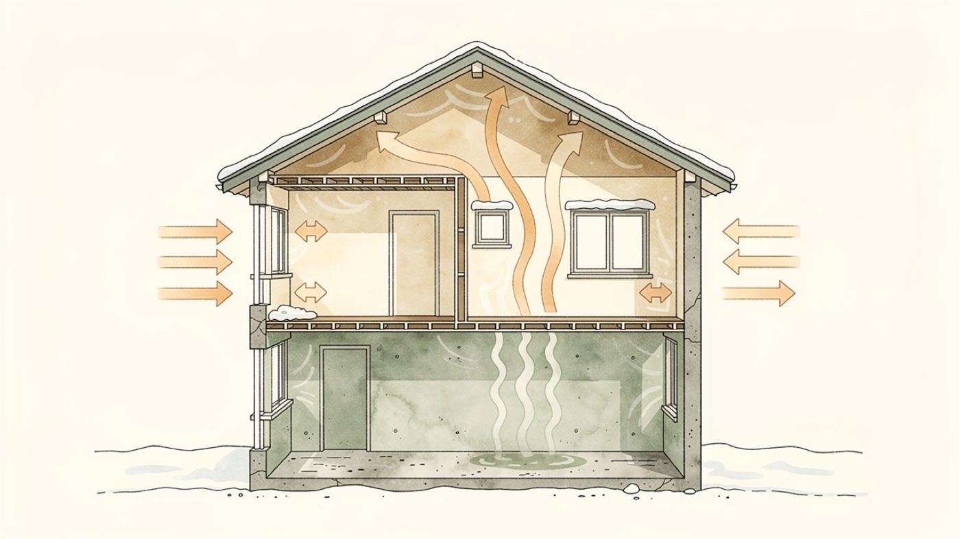 Cutaway of a house with four kinds of arrows, heat flowing from the warm interior to the cold outside, warm air rising, moisture moving from a wet basement to dry rooms and air leaking at window edges