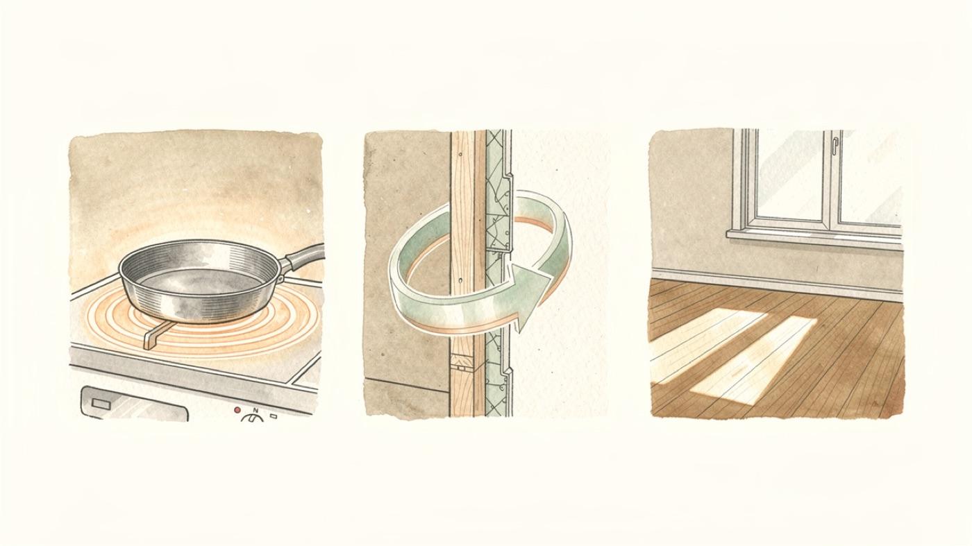Three small scenes side by side, a frying pan on a stove burner, warm air circling inside a wall cavity and sunlight streaming through a single-pane window onto a floor