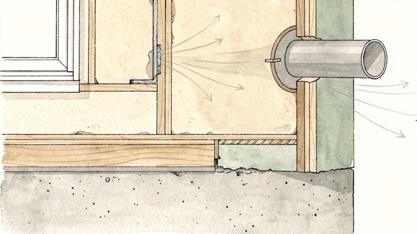 Close cutaway of a wall where a window frame, a sill plate on concrete and a pipe penetration each show a thin gap with air arrows passing through