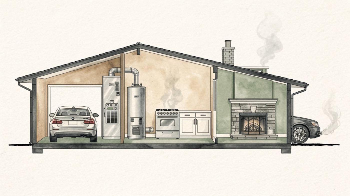 Cutaway of a house showing a furnace and water heater in the basement, a gas stove in the kitchen, a fireplace in the living room and a car in the attached garage, each with faint exhaust wisps