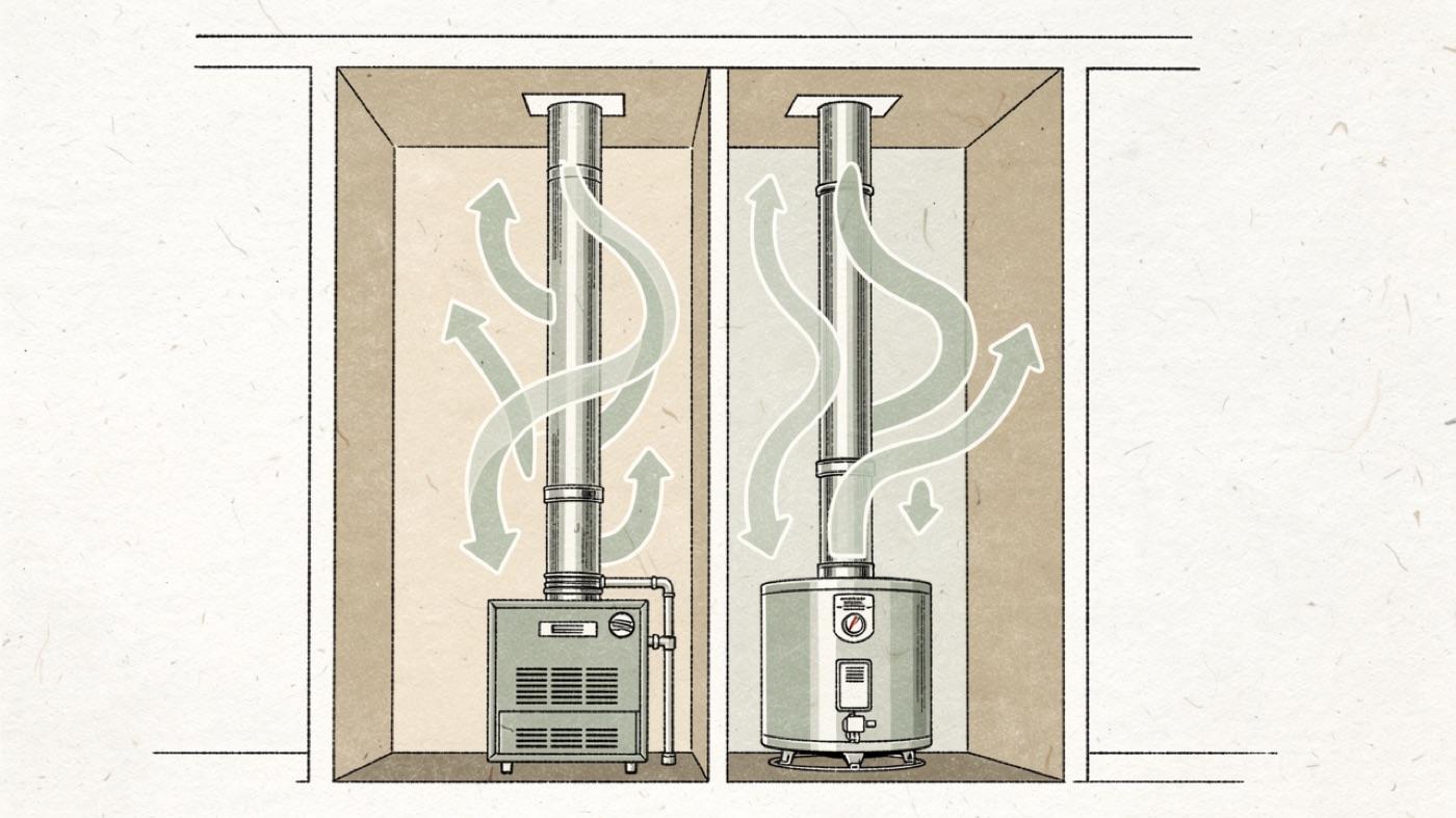 Cutaway of a furnace flue and a water heater chimney side by side with airflow arrows pulling down the chimney into the room