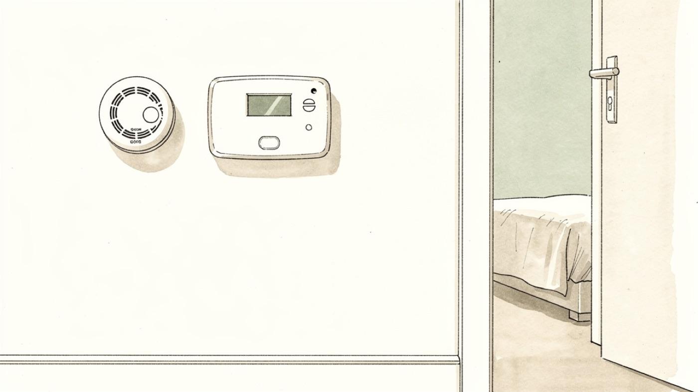Two carbon monoxide detectors mounted on a hallway wall, one standard alarm and one low-level monitor with a digital display