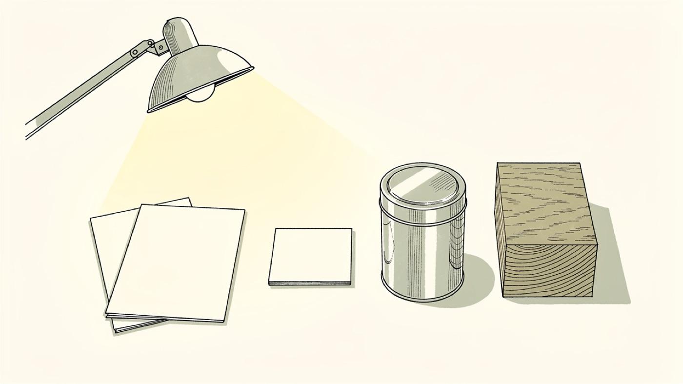 A workbench with a product data sheet, a safety data sheet and a certification label laid out beside a tin of finish and a wood sample