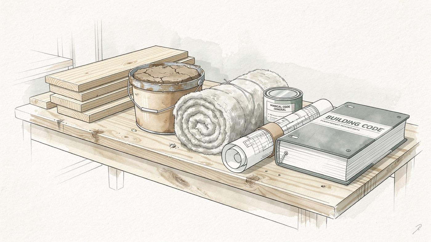Natural non-toxic building materials beside rolled plans and a building code binder