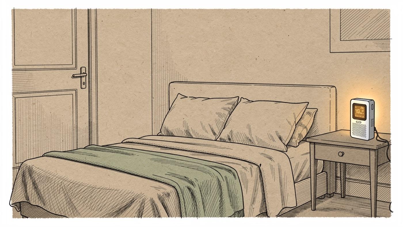 Bedroom at night with the door closed, two pillows on the bed and a small CO2 monitor on the nightstand glowing amber