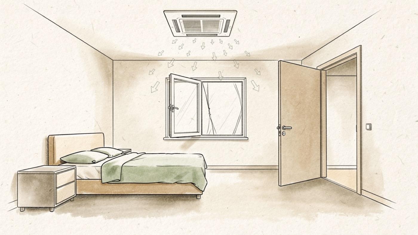 Bedroom with the door propped open, a window cracked and a ceiling supply grille with arrows of incoming air