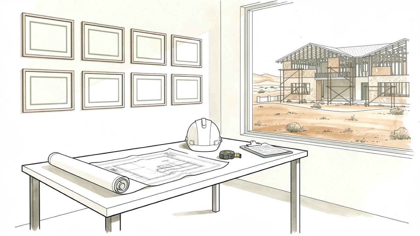 A contractor's job-site office with framed certificates, blueprints and a hard hat, a desert home under construction outside
