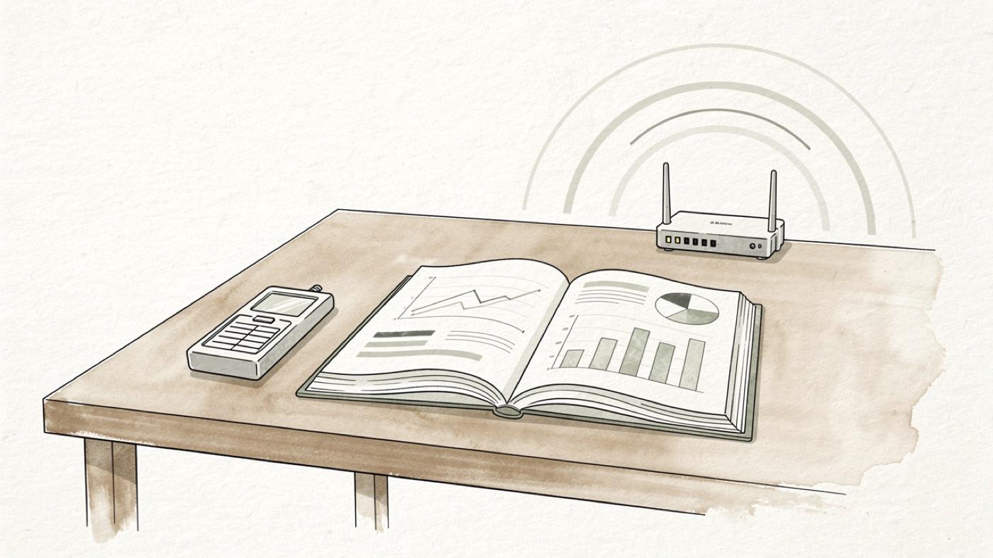 An open research report with charts beside an RF meter and a wireless router