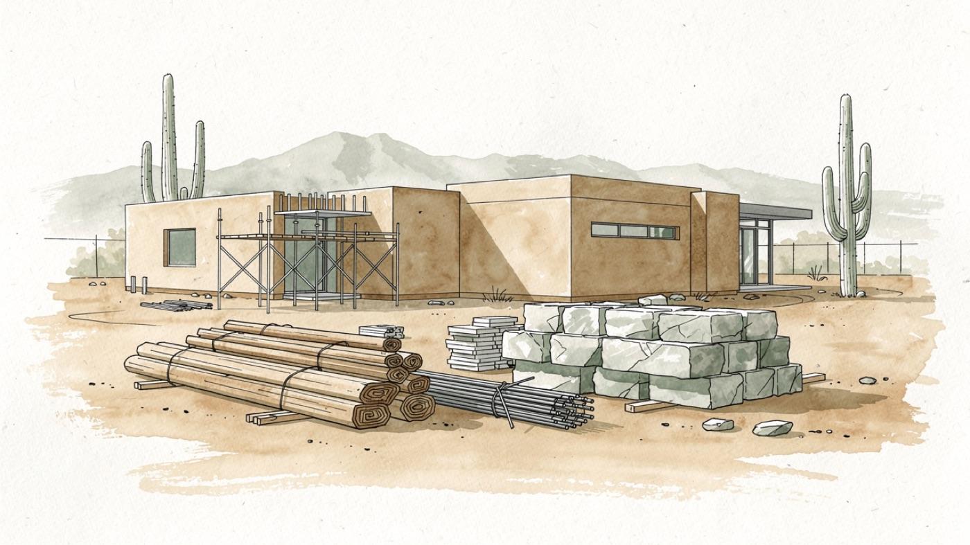 A custom healthy desert home under construction with thick mass walls and saguaro cactus