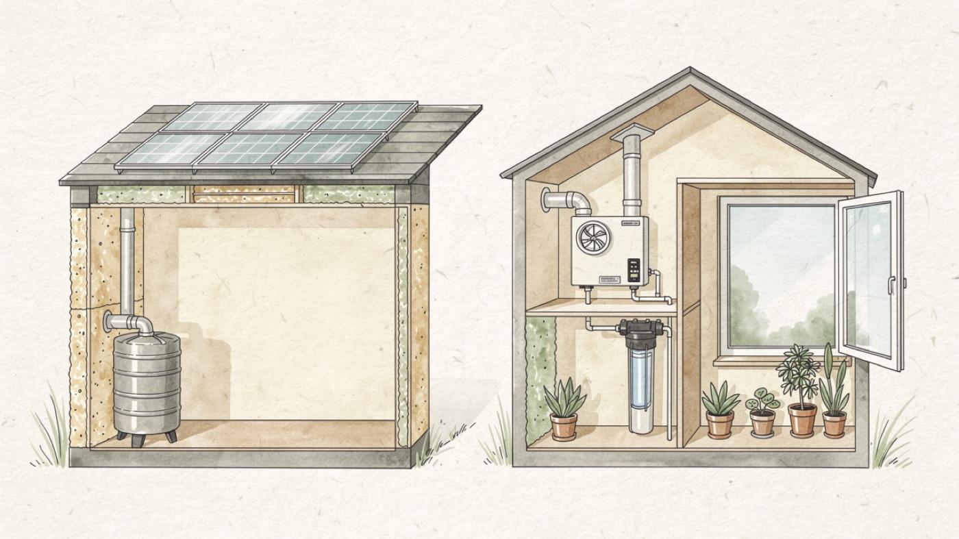 Two house cutaways side by side, one with solar panels and a rain barrel, the other with an open window, a plant and a fresh air ventilator