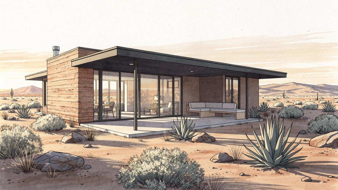 A finished healthy desert home with a rammed-earth wall, large shaded windows and native landscaping