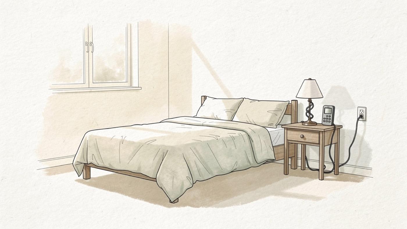 A low-EMF bedroom with the bed away from outlets and an EMF meter on the nightstand