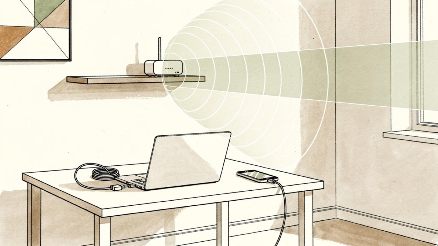 Home office desk with a laptop, wireless router and phone charger, faint field lines radiating from each device toward a shielded wall