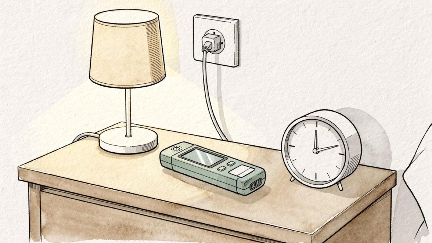 Handheld EMF meter resting on a nightstand beside a lamp and an alarm clock, with a wall outlet behind