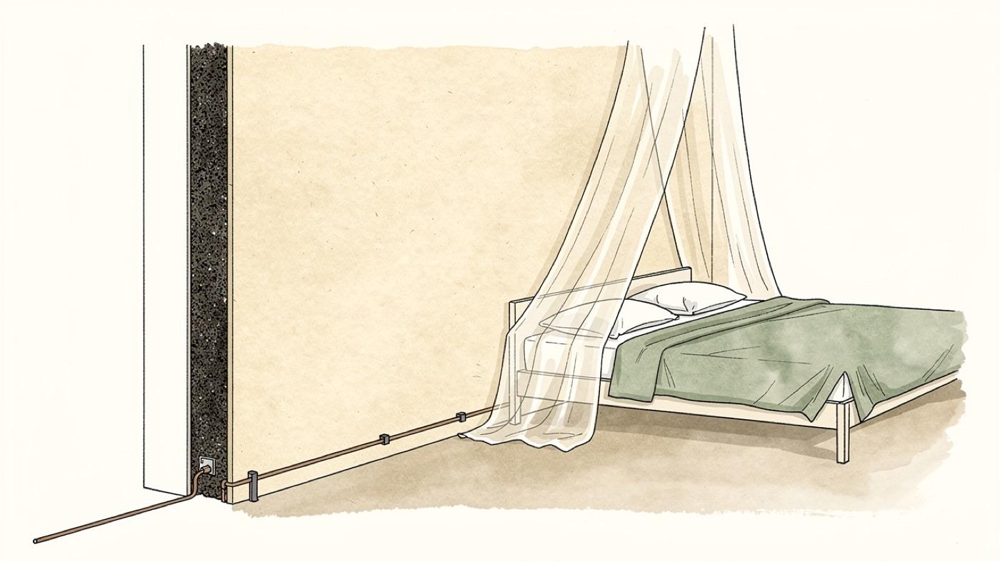 Bedroom wall cutaway showing a layer of shielding paint under the finish coat, a grounding strap at the baseboard and a fabric canopy over the bed