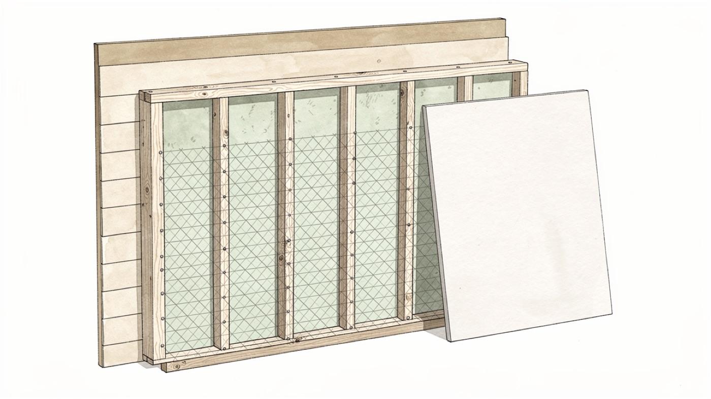 Cutaway of an exterior wall with studs, insulation, a fine metal mesh stapled across the interior face and drywall being fitted over it