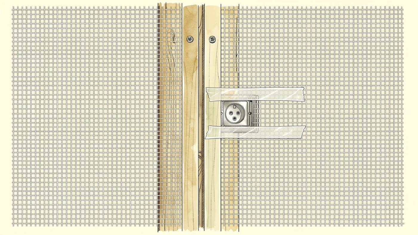 Two sheets of aluminum shielding mesh overlapped at a seam on a stud wall, with a taped edge and a marked penetration around an outlet box