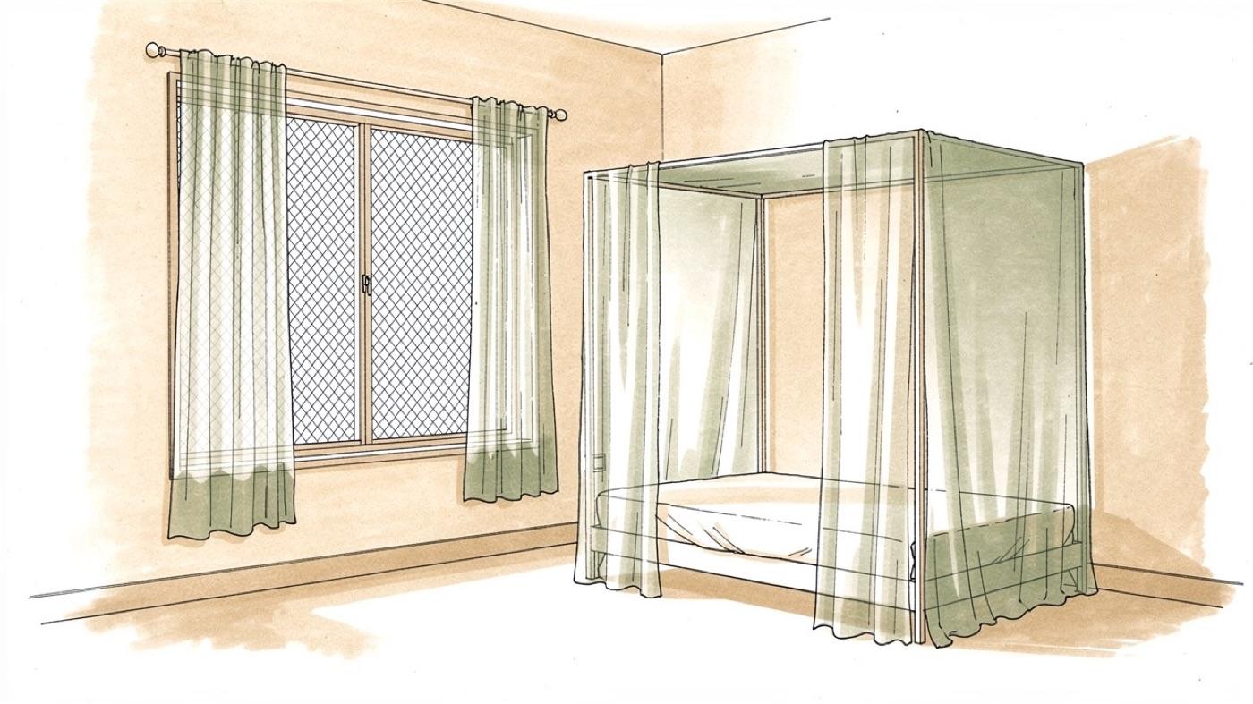 A bedroom with a window fitted with a fine metal insect screen and a sheer shielding curtain, a bed with a mesh canopy over it