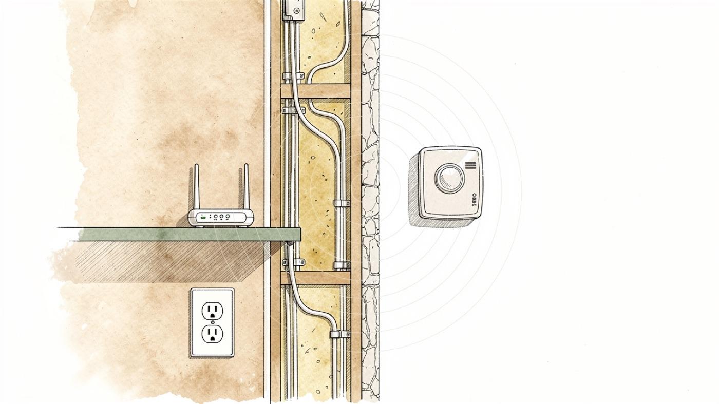 Cutaway house wall showing wiring, a wall outlet, a router and a smart meter, each with faint field lines drawn around it