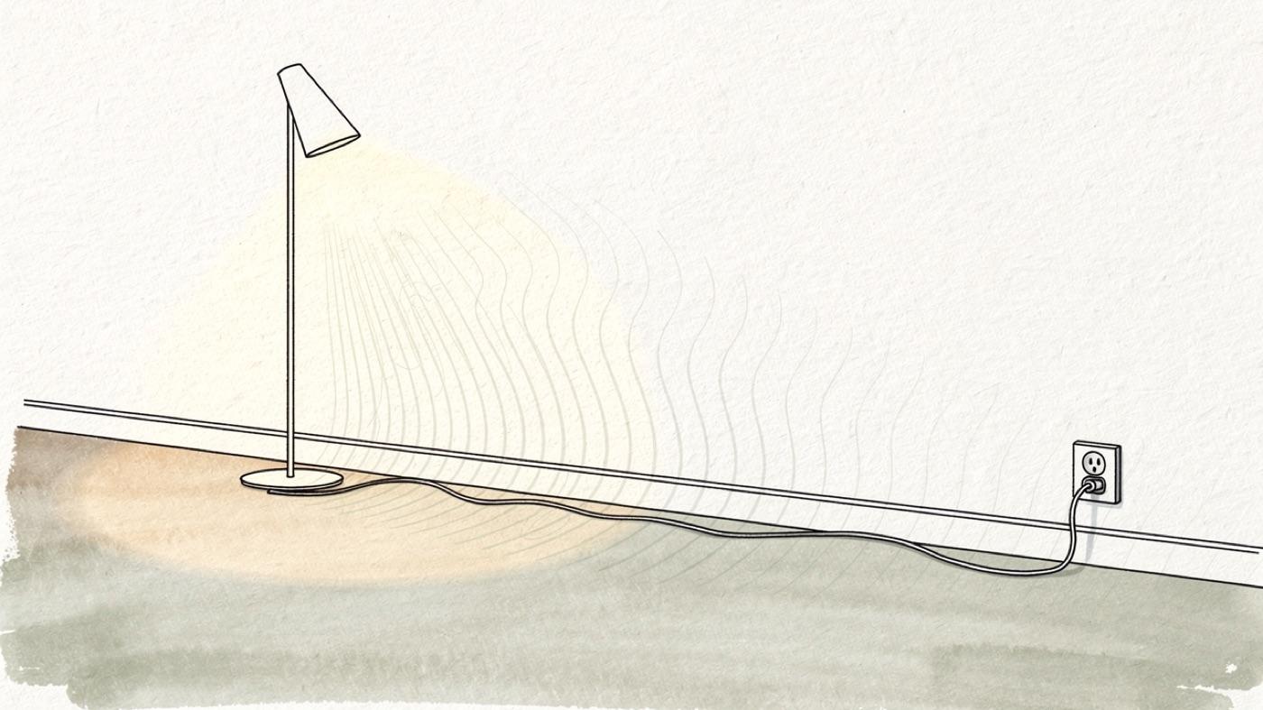 A lamp cord and an extension cord on a floor with faint field lines extending several feet into the room