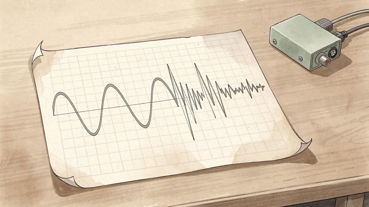 A smooth sine wave beside a jagged wave with spikes, drawn on graph paper next to a plug-in filter