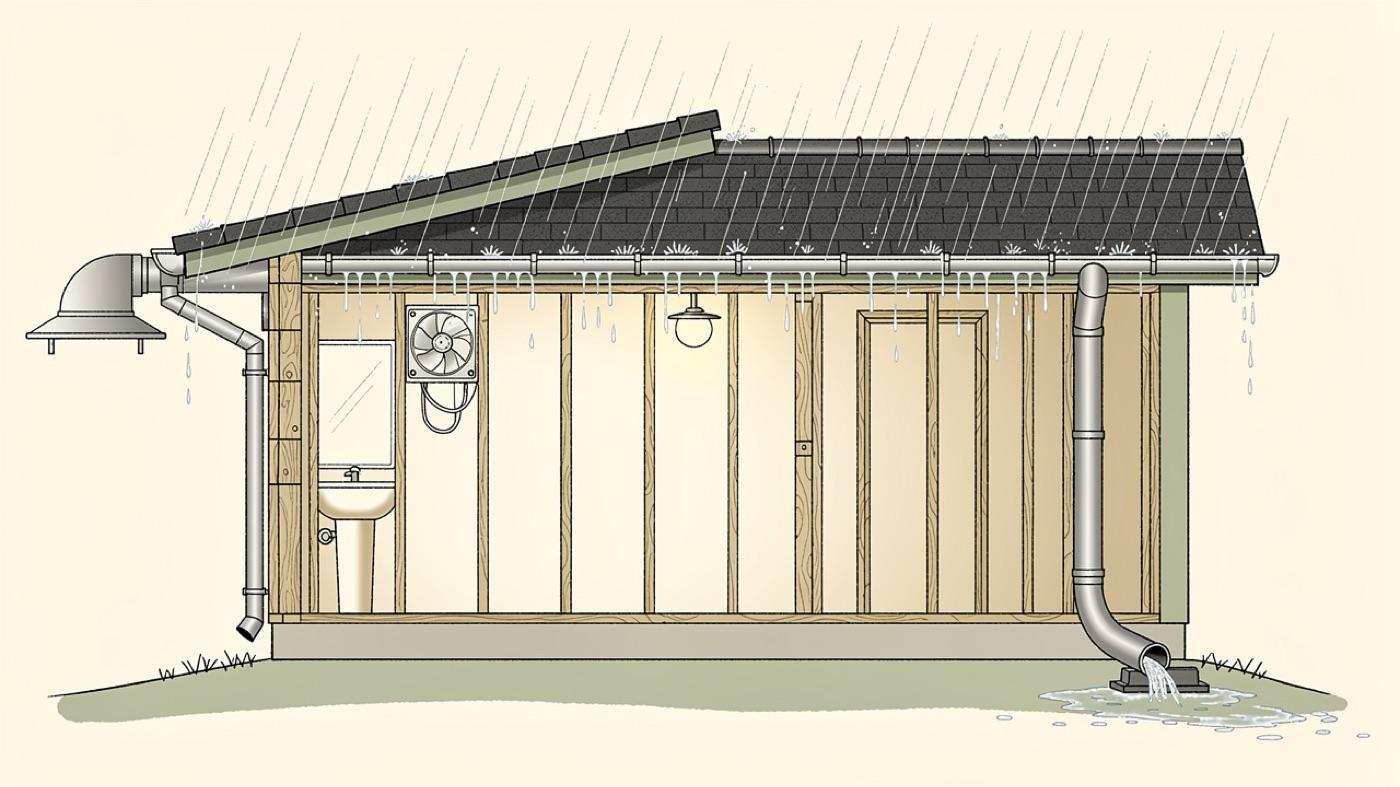 Cutaway of a house showing water kept where it belongs, rain shed by the roof to gutters and away from the foundation, a bathroom fan ducted outdoors and a dry, clean wall cavity