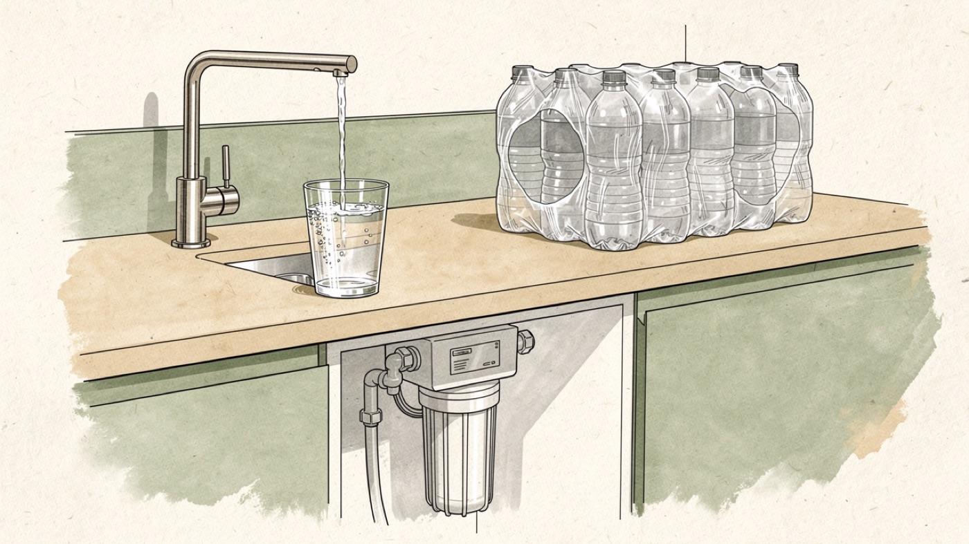 Kitchen counter with a glass being filled from a filtered tap on one side and a case of plastic water bottles on the other, a small under-sink filter visible below