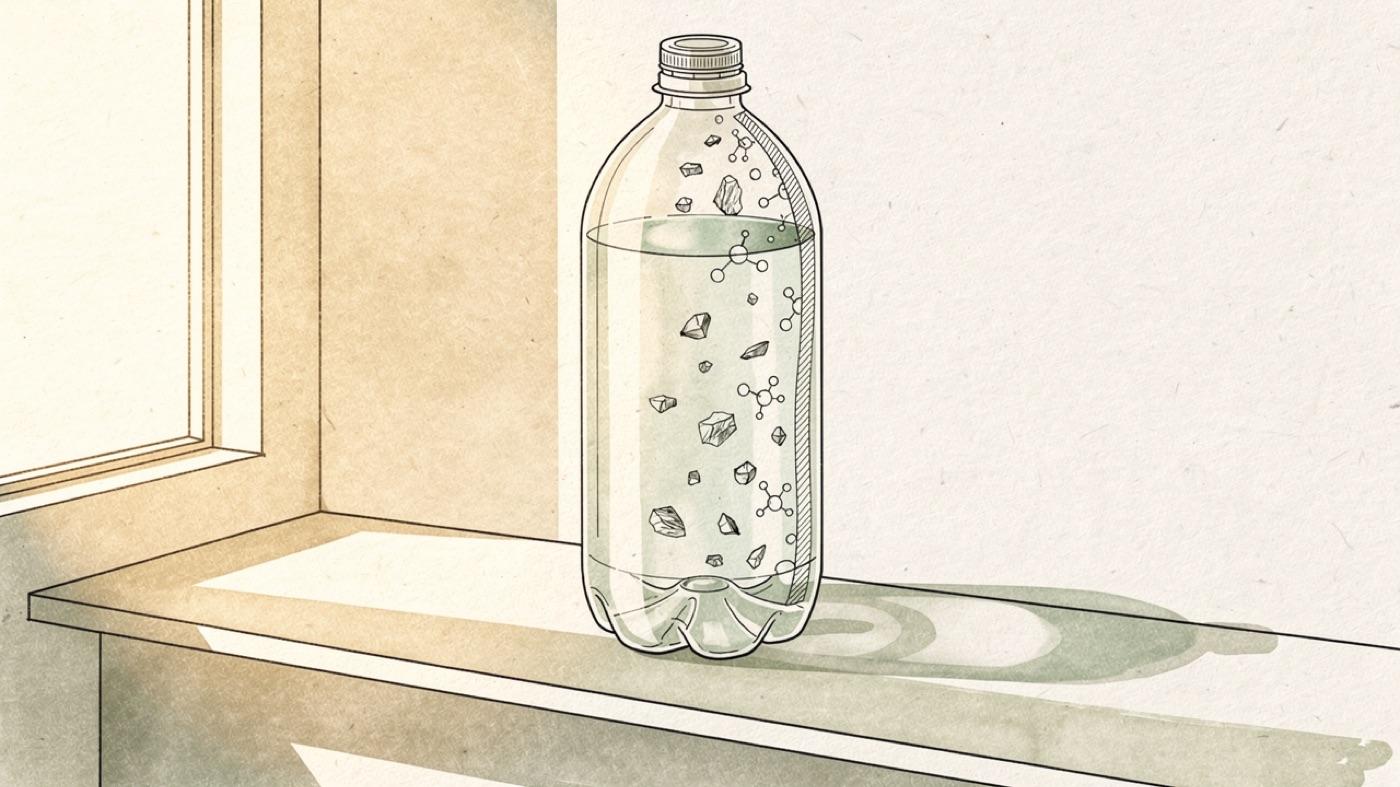 A single plastic water bottle in cross section with tiny particles and molecules drifting from the bottle wall into the water
