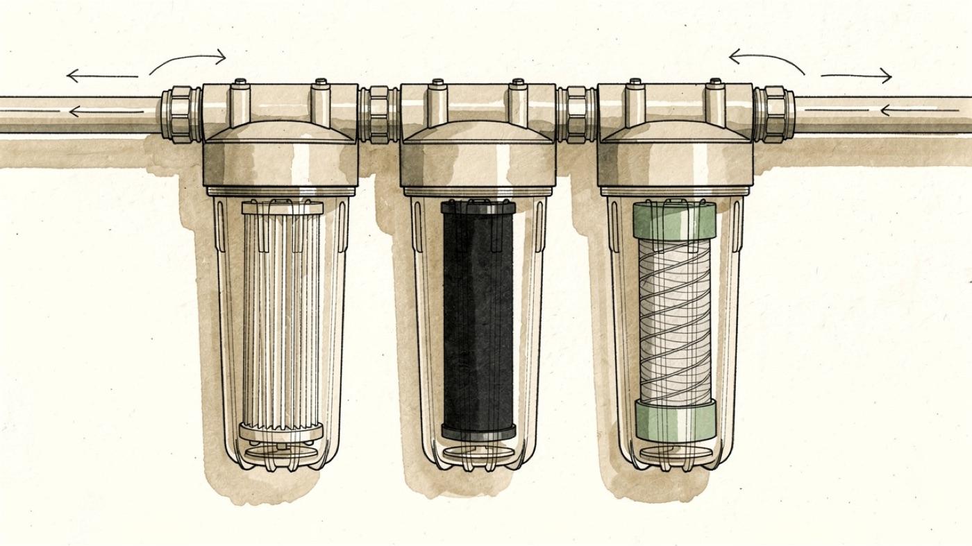 Three filter stages in cross section, a pleated sediment cartridge, a carbon block and a reverse osmosis membrane, with water flowing through each in turn